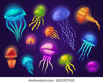 Água-viva subaquática brilhante. Água-viva vibrante do mar, criaturas marinhas de desenho animado. Diferentes formas de geleia de animais exóticos de água com efeito de luz, hoje conjunto de vetor