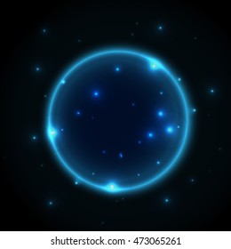 Glowing universe planet. Space vector background with sparkling stars and lines. Abstract galaxy wallpaper. 