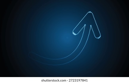 Flecha ascendente brillante sobre fondo azul oscuro. Flecha futurista para el éxito y el progreso