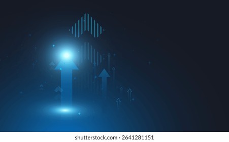 A glowing upward arrow surrounded by digital elements symbolizes futuristic progress, innovation, and rapid business or technological growth 

concept vector illustration