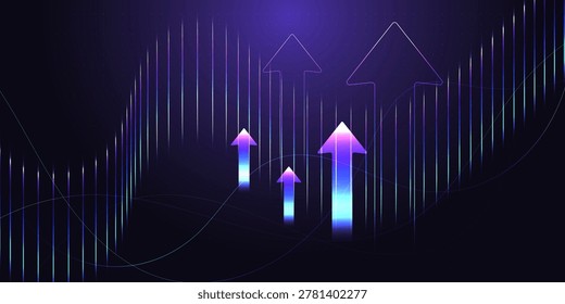 Glowing upward arrows surge through a digital grid, symbolizing the rapid growth of modern Business Finance vectorconcepts, The upward trajectory of these shimmering arrows captures the essence of success in the global Finance sector.