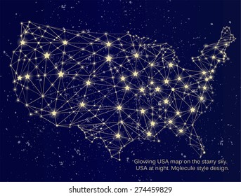 Glowing USA map on the starry sky. USA at night. Molecule style design.