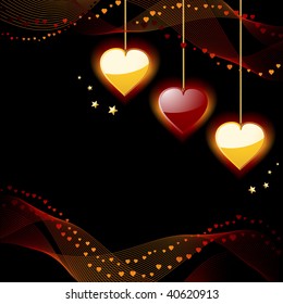 Glowing valentine hearts on a black background with waves