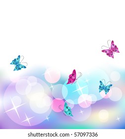 Glowing vector background with butterfly, stars and transparent rounds