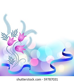 Glowing vector background with flowers and blue ribbon