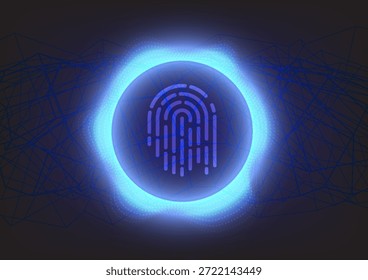 Icono de escaneo de huellas dactilares azul Vector brillante en estilo digital futurista, que representa la Identificación biométrica, la ciberseguridad y la tecnología de acceso seguro para los sistemas digitales modernos.