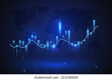 Glowing vector chart of investment financial data. Graph stock market with rising candlesticks. Infographic elements and world map. Analysis indicators, statistics diagram, business charts svg