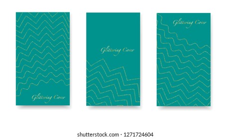 Glowing Vector Cover. Set of azure, gold covers, templates, printing elements, cards. Chic festive gold backgrounds. Round glittering confetti, festive tinsel, magic design for polygraphy.