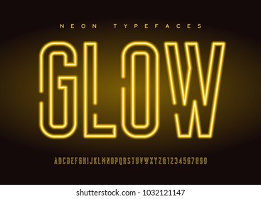 Glowing vector linear neon typefaces, alphabet, letters, font, typography. Global swatches.