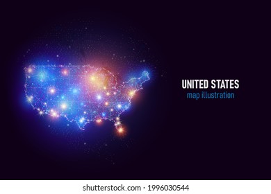 Glowing vector map illustration of USA made of neon particles. Bright map art of United States of America in modern abstract style consists of colorful dots.