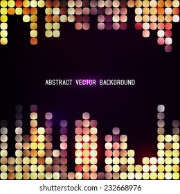 Glowing vector music background with copyspace. Mosaic with light reflections and equalizer. Warm yellow and red colors.