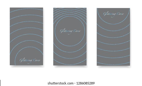 Glowing Vector Texture. Round glittering confetti, festive tinsel, magic design for polygraphy. Set of blue, gray covers, templates, printing elements, cards. Premium Christmas golden garlands.