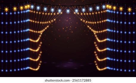 Glowing vertical garlands in the form of drop-down curtains. Beautiful greeting card with blue and gold lights and bulbs. Background for ads, covers, banners, social media. Vector illustration EPS10