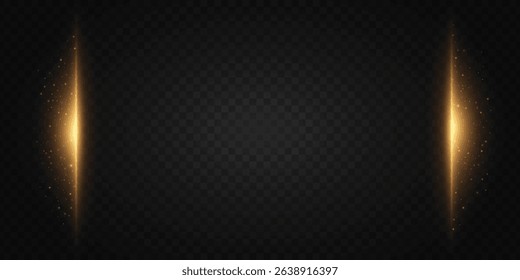 Glowing vertical golden light with sparkling particles on a transparent background. Elegant frame for luxury event designs, elegant borders or premium banners. Vector illustration.