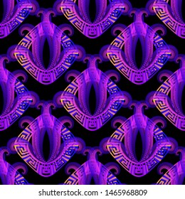 Glowing vibrant vector 3d seamless pattern. Shiny elegance ornamental background. Abstract illuminated flowers. Colorful modern floral ornaments. Greek key meanders. Geometric abstract neon design
