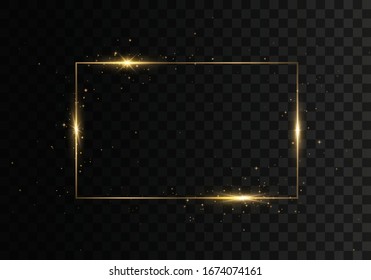 Glowing vintage gold frame with shadows isolated on transparent background. Rectangular frame with lights effects. olden luxury realistic rectangle border. Vector