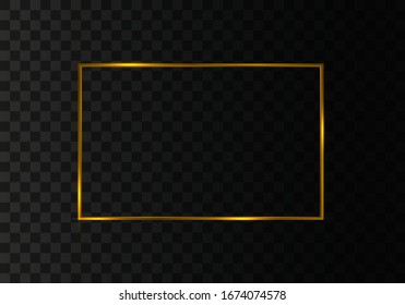 Glowing vintage gold frame with shadows isolated on transparent background. Rectangular frame with lights effects. olden luxury realistic rectangle border. Vector