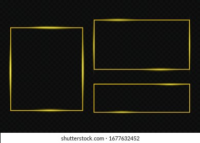 Glowing vintage gold frame with shadows isolated on transparent background. Rectangular frame with lights effects. olden luxury realistic rectangle border. Vector