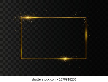 Glowing vintage gold frame with shadows isolated on transparent background. Rectangular frame with lights effects. Golden luxury realistic rectangle border. Vector