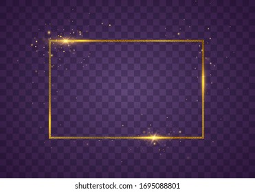 Glowing vintage gold frame with shadows isolated on transparent background. Rectangular frame with lights effects. Golden luxury realistic rectangle border with dust particles. Vector