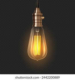 Ilustración vectorial realista 3d de la bombilla de luz vintage brillante. Encienda el diseño de la lámpara incandescente. Linterna eléctrica sobre fondo transparente