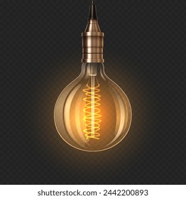 Glowing vintage lightbulb 3d realistic vector illustration. Turn on incandescent lamp design. Electric lantern on transparent background