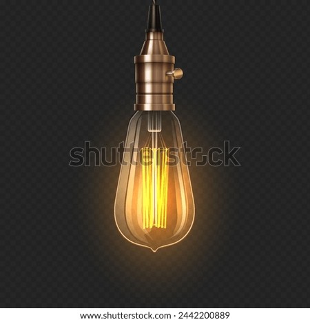 Glowing vintage lightbulb 3d realistic vector illustration. Turn on incandescent lamp design. Electric lantern on transparent background