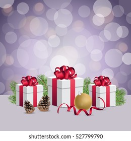 Glowing violet bokeh background and christmas gift boxes with decorations