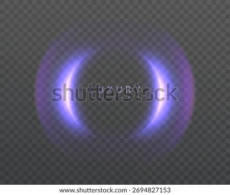 Glowing violet curved light rings forming elegant circular arc on transparent background. Abstract luminous reflection with soft shine and futuristic glow effect for digital design and motion graphics