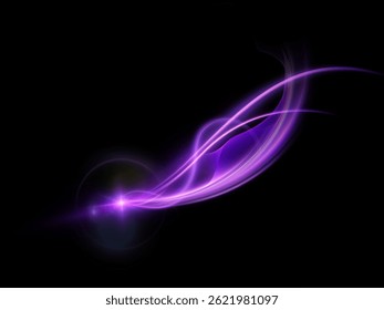 Glowing violet light wave with sweeping curves and bright flare on black background. Used in abstract motion visuals, glowing overlays, and digital energy effects.

