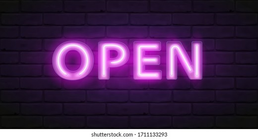 Glowing violet neon script OPEN. Vector font for typography design. Bright font with fluorescent tubes in boxing. Lettering illustration for design of sign on the door of shop, bar restaurant. eps10