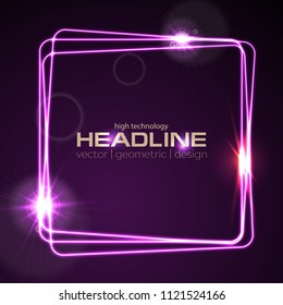 Glowing violet neon square shiny background. Energy luminous effect logo vector template design