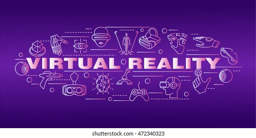 Glowing Virtual  reality horizontal web banner design  with vr technology and devices. Vector illustration