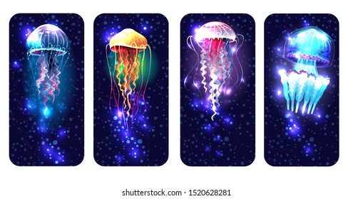 Glowing vivid jellyfish on underwater background. Set for smartphone screen, flyer, poster, brochure cover, typography 