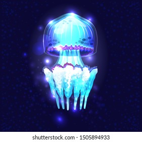 Glowing vivid transparent underwater a jellyfish on black background