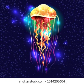 Glowing vivid transparent underwater a jellyfish on black background