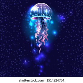 Glowing vivid transparent underwater a jellyfish on black background