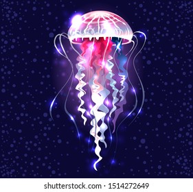 Glowing vivid transparent underwater a jellyfish on black background