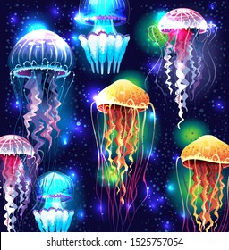 Glowing vivid transparent underwater jellyfishes. Vector illustration