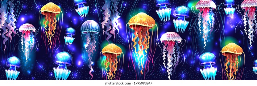 Glowing vivid transparent underwater jellyfishes horizontal banner