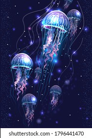 Glowing vivid transparent underwater jellyfishes 