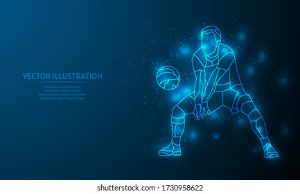 Glowing volleyball on blue abstract background. low poly volleyball backgraound. lines and triangles on blue background. 