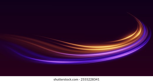 Glowing vortex of a curve, light trail of a line.  Neon swirl and speed effect.