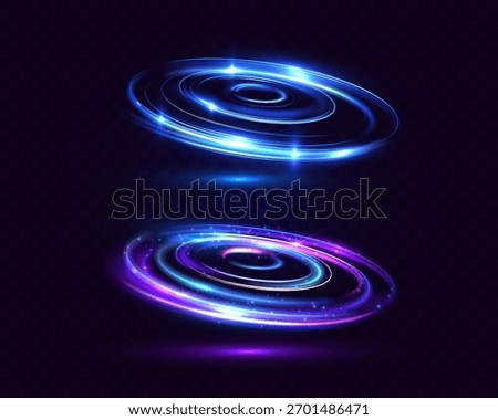 Glowing vortex light circles with blue and purple colors, swirling energy rings and sparkles, futuristic abstract motion design on dark background.