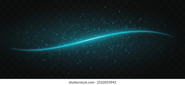 El rayo láser azul brillante de la onda horizontalmente con partículas brillantes a través de un fondo transparente oscuro, creando un efecto visual futurista y de alta tecnología. Llamarada de neón, líneas de luz láser