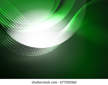 Glowing wave created with particles on dark color background. Vector digital techno illustration