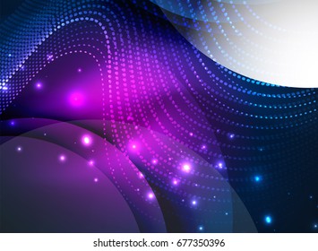 Glowing wave created with particles on dark color background. Vector digital techno illustration