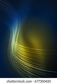 Glowing wave created with particles on dark color background. Vector digital techno illustration
