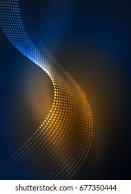 Glowing wave created with particles on dark color background. Vector digital techno illustration