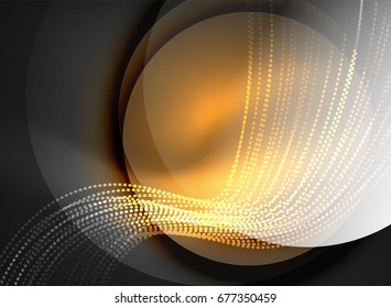 Glowing wave created with particles on dark color background. Vector digital techno illustration